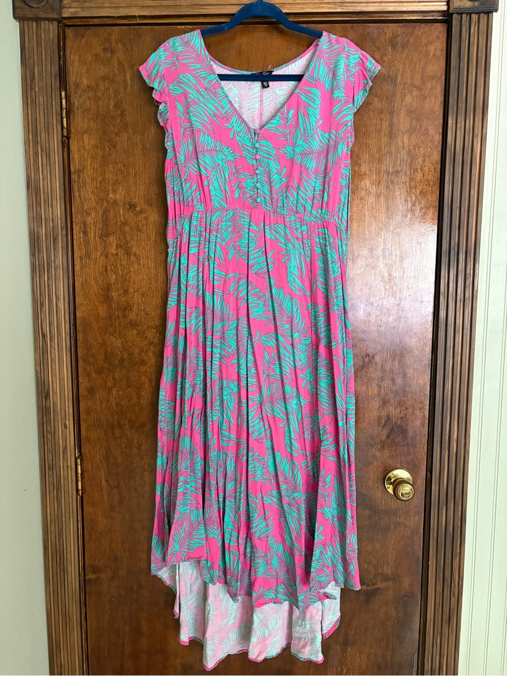 Jessica Simpson Pink and Teal Palm-Print High-Low Maxi Dress